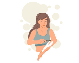 A young woman shaves her hair with a razor, depilation. Flat vector illustration
