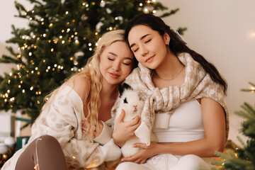 Two young women friends in sweaters hugging playing with a rabbit pet sitting in a decorated bedroom with a Christmas tree on holiday at home. Family lifestyle. The year of the rabbit. Selective focus