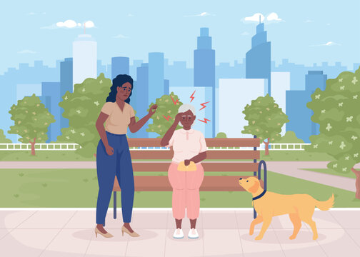 Woman helping old lady with headache flat color vector illustration. Unexpected migraine attack. Health problem. Fully editable 2D simple cartoon characters with summer park on background