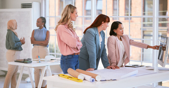 Interior design, architecture teamwork and women, computer and meeting, planning and creative ideas, engineering and business. Female led project management, digital blueprint and desktop innovation