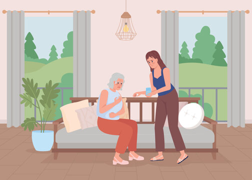 Young woman taking care of grandmother flat color vector illustration. Heart attack symptoms. Problems with breathing. Fully editable 2D simple cartoon characters with home interior on background