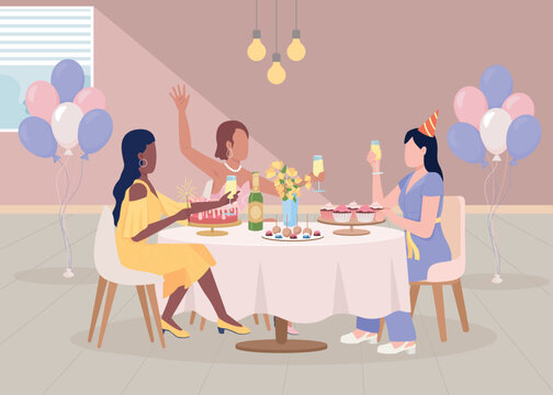 Hen party celebration flat color vector illustration. Women sitting at served table. Festive event with friends. Fully editable 2D simple cartoon characters with restaurant on background