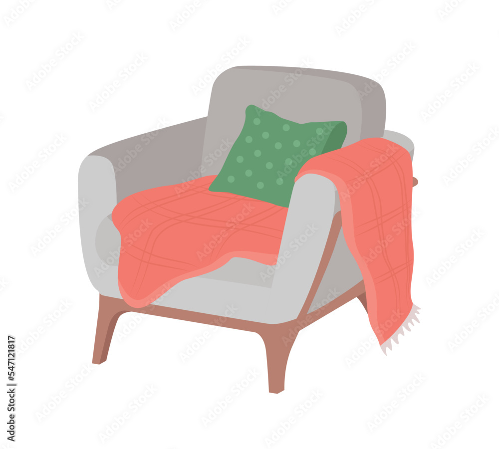 Poster cozy armchair with blanket semi flat color vector object. editable element. full sized item on white