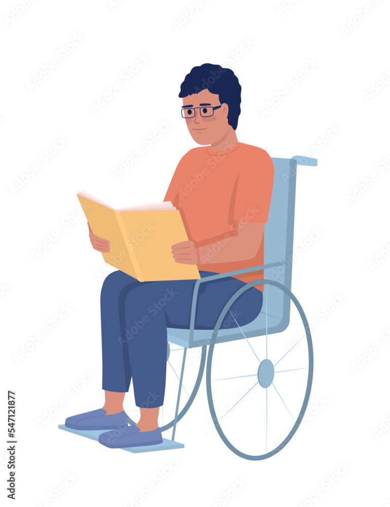 Aufkleber Man with disability reading book semi flat color vector character. Editable figure. Full body person on white. Hobby simple cartoon style illustration for web graphic design and animation