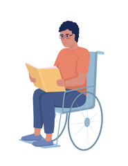 Man with disability reading book semi flat color vector character. Editable figure. Full body person on white. Hobby simple cartoon style illustration for web graphic design and animation