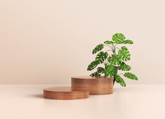 Wooden cylinder podium for promotion product display, Minimal scene with podium and natural leaves for products showcase, product presentation, cosmetic product show, stage pedestal 3D Rendering.