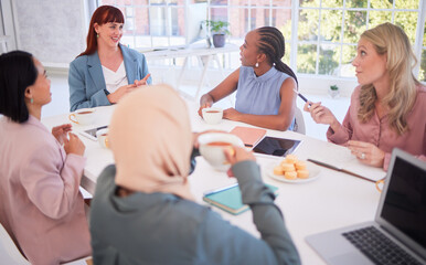 Planning, business meeting and diversity women for startup marketing, advertising agency and company empowerment planning. Inclusion, equality and strategy corporate people communication in workspace