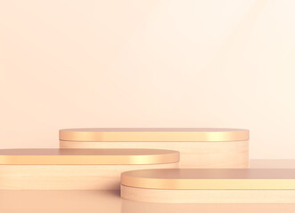 Gold Elegant geometric cylinder podium for promotion product display, Minimal scene with podium for products showcase, product presentation, cosmetic product show, stage pedestal 3D Rendering.