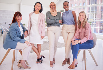 Happy, leadership or diversity portrait of women in motivation, empowerment or teamwork collaboration in office. Business people, corporate or team building in company group, success or mission goal - obrazy, fototapety, plakaty