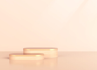 Gold Elegant geometric cylinder podium for promotion product display, Minimal scene with podium for products showcase, product presentation, cosmetic product show, stage pedestal 3D Rendering.
