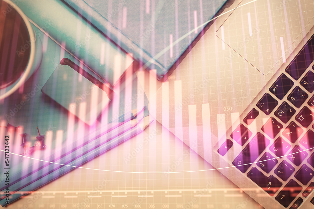 Aufkleber double exposure of forex graph drawing over desktop background with computer. concept of financial a