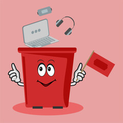 garbage separation, organic waste, electronics and batteries falls into the trash can, e-waste, trash can with eyes and hands, recyclables, garbage sorting, eco-friendly recycling, environmental