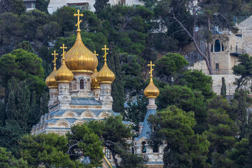 SRAEL,Jerusalem  05, 2022: Domes of the Church of St. Mary Magdalene in Israel