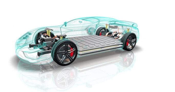 Generic electric car equipped with lithium battery pack. Wireframe body. Futuristic technology 4k 3d concept animation.