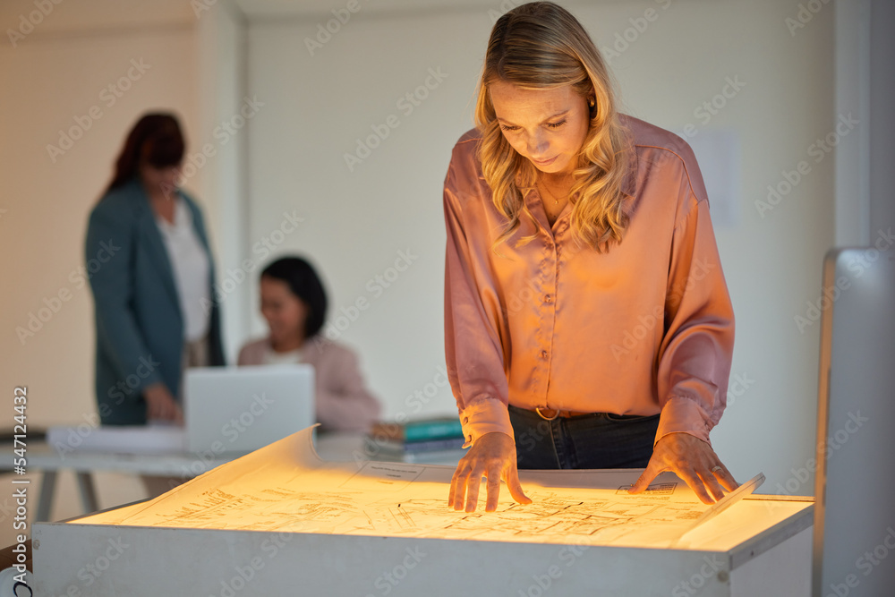Poster architect, planning and woman with blueprint in office for design, idea and building project, goal a