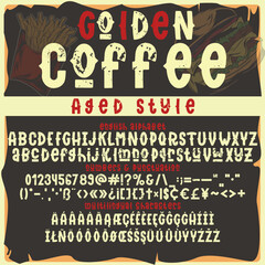 Golden coffee font with illustrations on the background. Aged style.