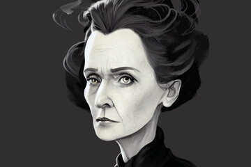 Digital illustration portraits of Marie Curie, acrylic painting style, elegant historical figures, can be used for physics education, cultural commentary, and magazine reports.