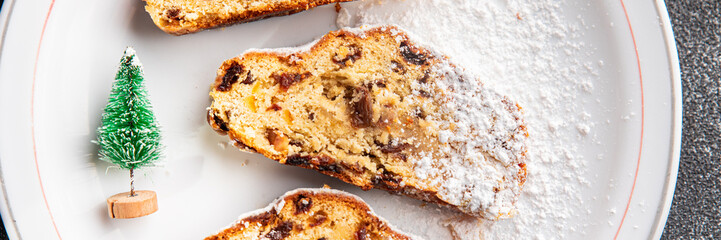 stollen cake sweet christmas pastries dried fruits, marzipan, nut snack meal food snack on the table copy space food background top 