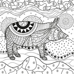 Fototapeta premium Ornate wallpaper with pig. Hand drawn waved ornaments on white. Abstract patterns on isolated background. Design for spiritual relaxation for adults. Line art. Black and white illustration