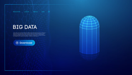 Nutrition pill 3d wireframe object. Technology pill production concept. Capsule tech blue background.