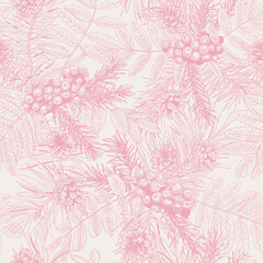 Christmas seamless pattern with winter plants. Vector botanical  illustration. Rowan, pine and spruce branches, cones. Pink  and white background. Sketch.