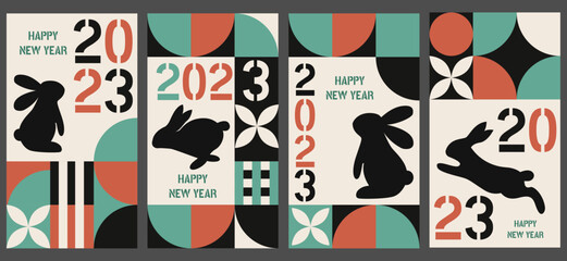 2023 Happy New Year posters set. Vector design templates on geometric style.Minimalistic trendy backgrounds