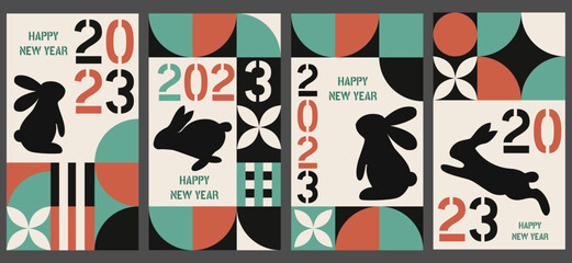 Fototapeta premium 2023 Happy New Year posters set. Vector design templates on geometric style.Minimalistic trendy backgrounds