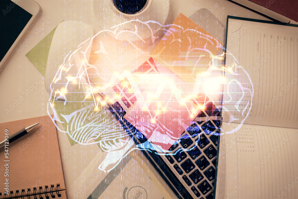 Poster multi exposure of brain sketch hologram over topview work table background with computer. concept of