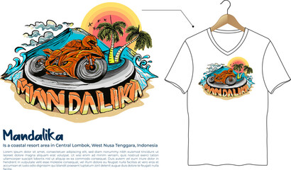 Mandalika city, Lombok Indonesia. Illustration of Tshirt Design. Background Vector EPS10