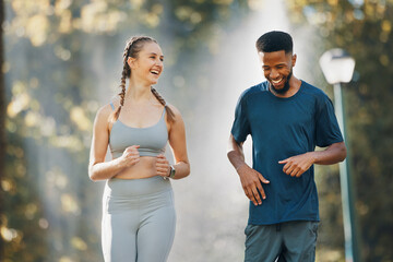 Couple, running and fitness communication in nature park for exercise wellness or interracial...