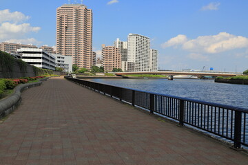 隅田川沿いに並び建つ高層マンション群