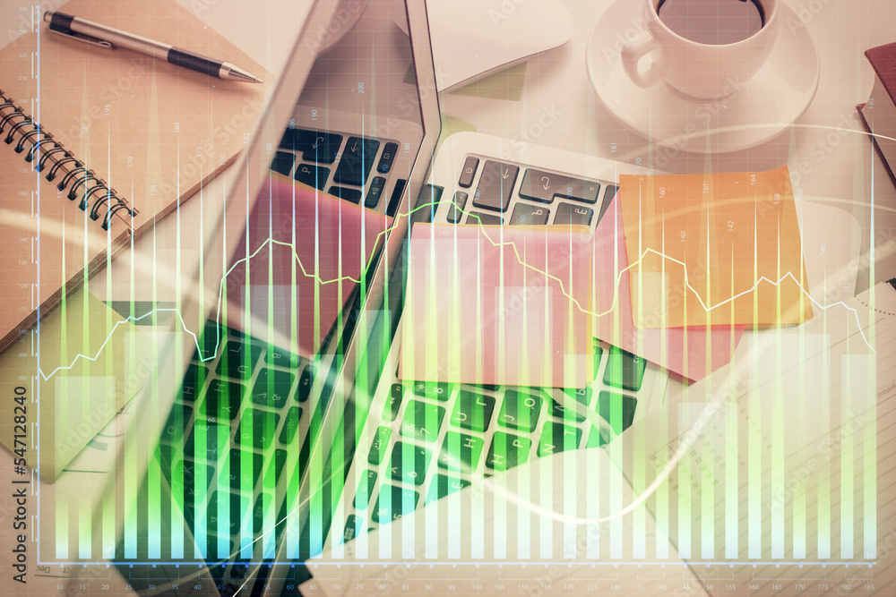 Poster Multi exposure of financial chart drawing over table background with computer. Concept of research and analysis. Top view.