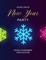 Happy new Year invitation card with neon snowflakes. Vector party template.