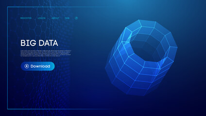 Bid data blue background. Wireframe cylinder vector. Network connection.