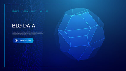 Technology sphere 3d. Blue big data background. Wireframe mesh protect globe.