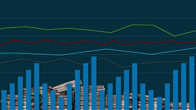 Business concept with piles of coins and graphs. A graph of changes in the price of a financial stock exchange.
