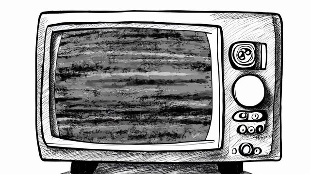 Static noise (no signal) shown on the screen of a retro vintage tv set, black-and-white sketch drawing.

