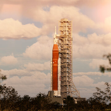 Artemis ready for launch, on launchpad. Evening light.