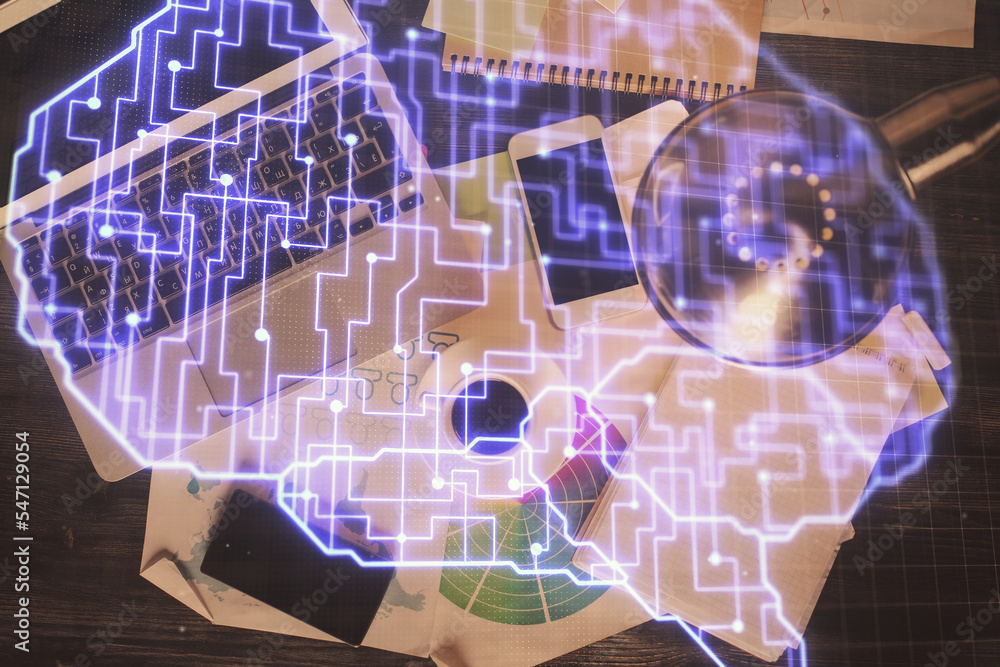 Poster Double exposure of brain drawing hologram over topview work table background with computer. Concept of big data.