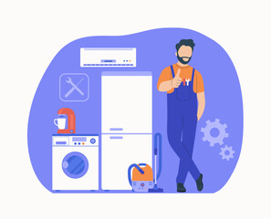 Concept for home appliances repair service.Worker with tools, washing machine, refrigerator, vacuum cleaner and air conditioner in the background. Vector illustration.