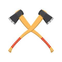 Hatchet Crossed Axe in realistic style. Metal woodcutter with red handle made of wood. Hand tool. Colorful vector illustration on a white background.