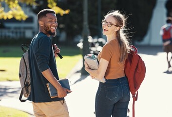 Friends, students or college couple walking with books and backpack on campus for education,...