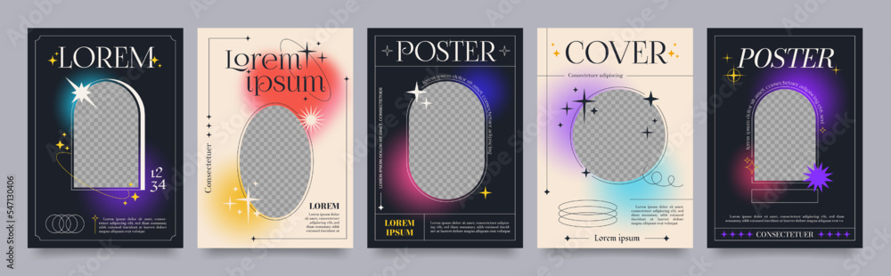 Leinwandbilder Modern soft gradient posters with linear forms, sparkles and empty photo frame. Trendy minimalist aesthetic print with line arch frames, stars and fluid gradients vector poster template set