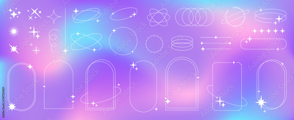 Poster Modern minimalist aesthetic line elements on fluid gradient background, trendy linear frames with stars, geometric forms. Arch frame with sparkles for social media, simple decorative border vector set