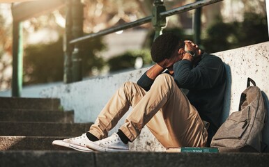 Depression, anxiety and African student sad about college fail, stress and mistake on campus....