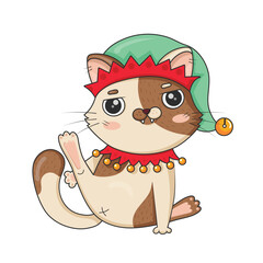 Cute cartoon cat in christmas elf costume with hind paw raised isolated on white background
