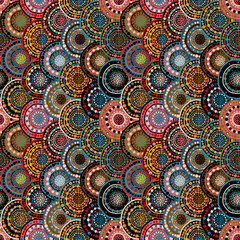 Japanese folk overlapping circular dotted flowers, seamless pattern