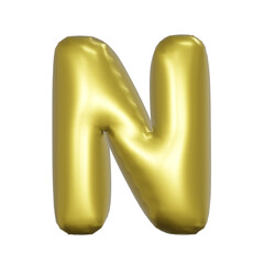 N Alphabet metallic gold foil balloons. 3D render Golden Helium balloons.