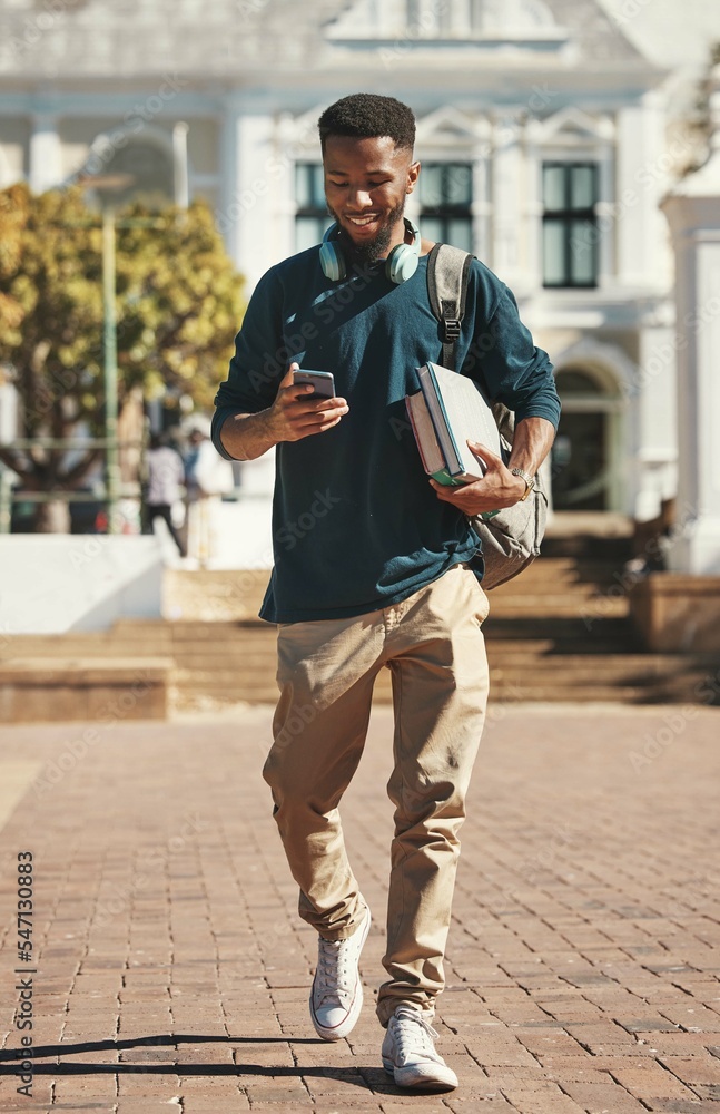 Poster university, education and phone with a black man student typing a text message while carrying books.