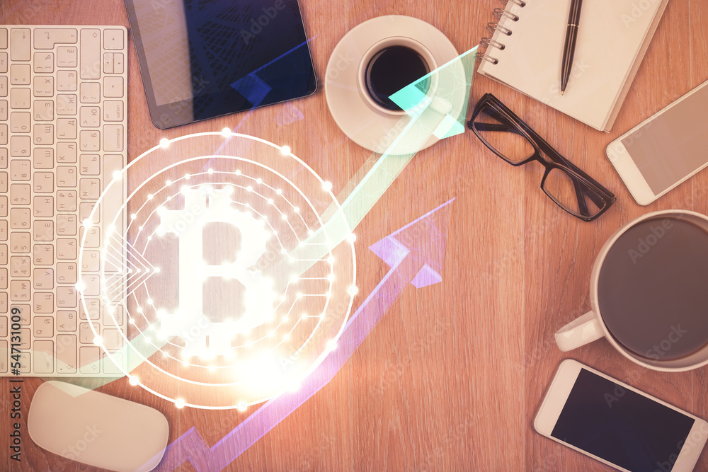 Poster Double exposure of blockchain theme hologram over table with phone. Top view. Crypto technology concept.
